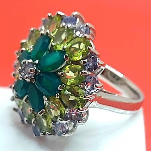 Natural Aventurine 6x4mm, Peridot, Tanzanite 925 Sterling Silver Ring Size 6.75 - Picture 9 of 10